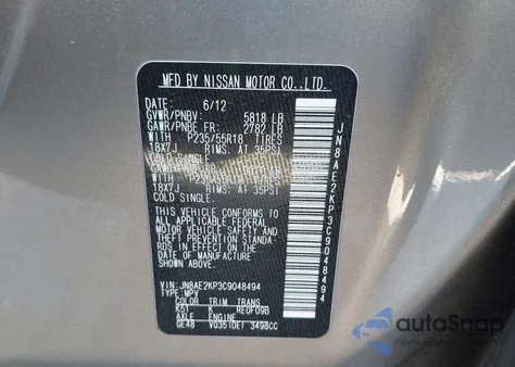 2012 Nissan Quest Sl from USA, damaged, VIN JN8AE2KP3C9048494